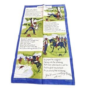 Vintage 100% linen kitchen tea towel Australia souvenir Waltzing Matilda lyrics